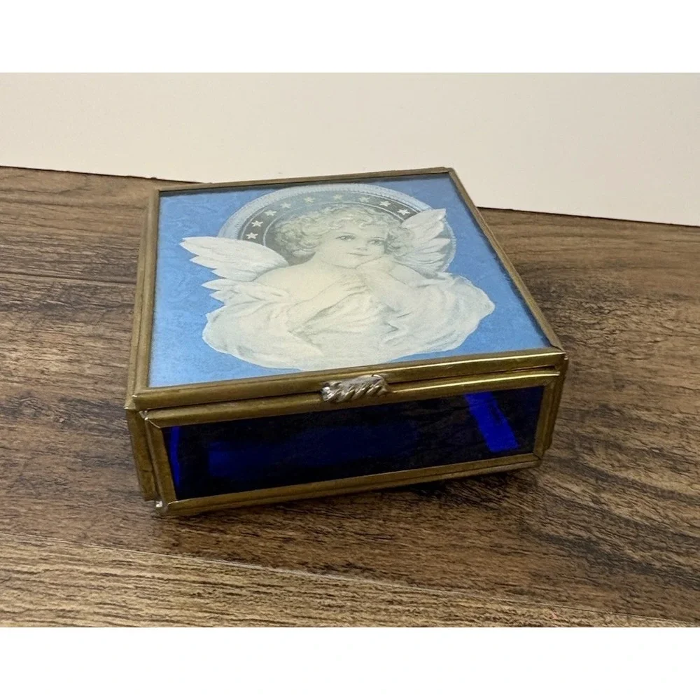 Vintage Iridescent Angel Trinket Jewelry Box Thomas Cathey Metal Glass Blue